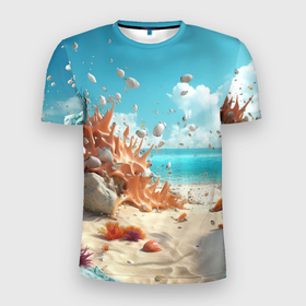 Мужская футболка 3D Slim с принтом Фэнтази пляж в Тюмени, 100% полиэстер с улучшенными характеристиками | приталенный силуэт, круглая горловина, широкие плечи, сужается к линии бедра | Тематика изображения на принте: 