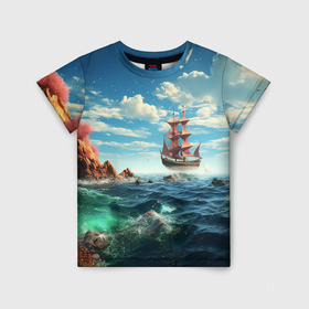 Детская футболка 3D с принтом Корабль в красочном море в Петрозаводске, 100% гипоаллергенный полиэфир | прямой крой, круглый вырез горловины, длина до линии бедер, чуть спущенное плечо, ткань немного тянется | 