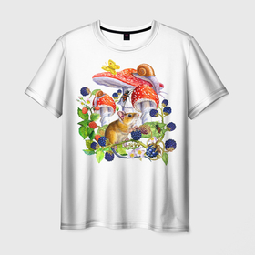 Мужская футболка 3D с принтом Мышь и мухоморы в Кировске, 100% полиэфир | прямой крой, круглый вырез горловины, длина до линии бедер | 