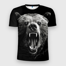 Мужская футболка 3D Slim с принтом Агрессивный таежный медведь в Тюмени, 100% полиэстер с улучшенными характеристиками | приталенный силуэт, круглая горловина, широкие плечи, сужается к линии бедра | 