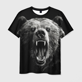 Мужская футболка 3D с принтом Агрессивный таежный медведь в Санкт-Петербурге, 100% полиэфир | прямой крой, круглый вырез горловины, длина до линии бедер | 