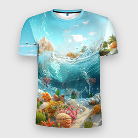 Мужская футболка 3D Slim с принтом Океан футуризм в Новосибирске, 100% полиэстер с улучшенными характеристиками | приталенный силуэт, круглая горловина, широкие плечи, сужается к линии бедра | Тематика изображения на принте: 