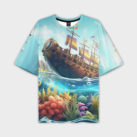Мужская футболка oversize 3D с принтом Фантастический корабль в море в Белгороде,  |  | 