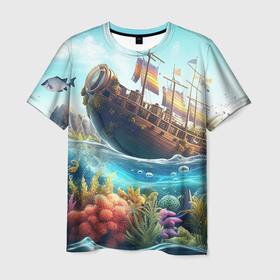 Мужская футболка 3D с принтом Фантастический корабль в море в Белгороде, 100% полиэфир | прямой крой, круглый вырез горловины, длина до линии бедер | 