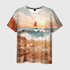 Мужская футболка 3D с принтом Парусник  в море , 100% полиэфир | прямой крой, круглый вырез горловины, длина до линии бедер | Тематика изображения на принте: 