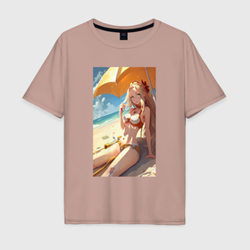 Мужская футболка хлопок Oversize с принтом девушка на пляже под зонтом в Петрозаводске, 100% хлопок | свободный крой, круглый ворот, “спинка” длиннее передней части | 