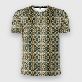 Мужская футболка 3D Slim с принтом Золотистые симметричные узоры в Новосибирске, 100% полиэстер с улучшенными характеристиками | приталенный силуэт, круглая горловина, широкие плечи, сужается к линии бедра | 