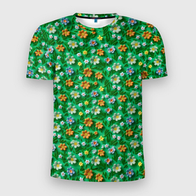 Мужская футболка 3D Slim с принтом Объемные летние цветы в Екатеринбурге, 100% полиэстер с улучшенными характеристиками | приталенный силуэт, круглая горловина, широкие плечи, сужается к линии бедра | 