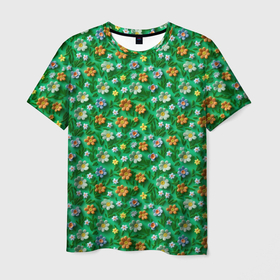 Мужская футболка 3D с принтом Объемные летние цветы в Новосибирске, 100% полиэфир | прямой крой, круглый вырез горловины, длина до линии бедер | 