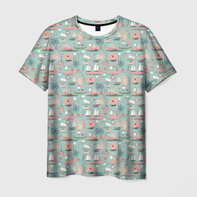 Мужская футболка 3D с принтом Паттерн с корабликами , 100% полиэфир | прямой крой, круглый вырез горловины, длина до линии бедер | 
