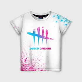 Детская футболка 3D с принтом Dead by Daylight neon gradient style в Белгороде, 100% гипоаллергенный полиэфир | прямой крой, круглый вырез горловины, длина до линии бедер, чуть спущенное плечо, ткань немного тянется | 