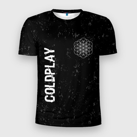Мужская футболка 3D Slim с принтом Coldplay glitch на темном фоне: надпись, символ в Санкт-Петербурге, 100% полиэстер с улучшенными характеристиками | приталенный силуэт, круглая горловина, широкие плечи, сужается к линии бедра | 