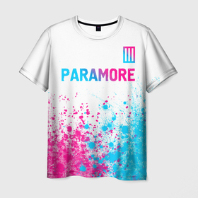 Мужская футболка 3D с принтом Paramore neon gradient style: символ сверху в Санкт-Петербурге, 100% полиэфир | прямой крой, круглый вырез горловины, длина до линии бедер | Тематика изображения на принте: 