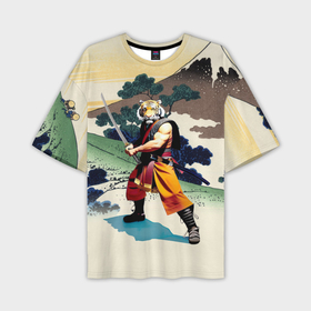Мужская футболка oversize 3D с принтом Tiger samurai   Japan   neural network ,  |  | Тематика изображения на принте: 