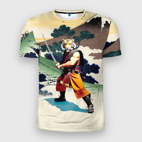 Мужская футболка 3D Slim с принтом Tiger samurai   Japan   neural network в Петрозаводске, 100% полиэстер с улучшенными характеристиками | приталенный силуэт, круглая горловина, широкие плечи, сужается к линии бедра | Тематика изображения на принте: 