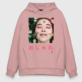 Мужское худи Oversize хлопок с принтом МоМо    Девушка на фоне цветов в Ухте, френч-терри — 70% хлопок, 30% полиэстер. Мягкий теплый начес внутри —100% хлопок | боковые карманы, эластичные манжеты и нижняя кромка, капюшон на магнитной кнопке | 