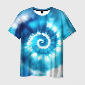 Мужская футболка 3D с принтом Тай дай: бело голубая спираль , 100% полиэфир | прямой крой, круглый вырез горловины, длина до линии бедер | 