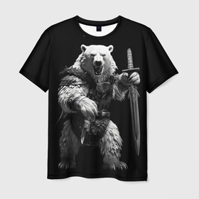 Мужская футболка 3D с принтом Белый медведь воин в Петрозаводске, 100% полиэфир | прямой крой, круглый вырез горловины, длина до линии бедер | Тематика изображения на принте: 