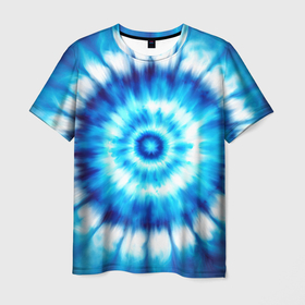 Мужская футболка 3D с принтом Тай дай бело синий круг , 100% полиэфир | прямой крой, круглый вырез горловины, длина до линии бедер | 