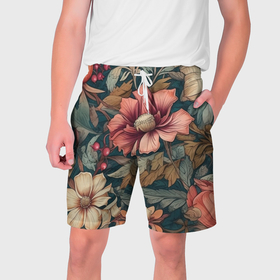 Мужские шорты 3D с принтом Сад цветов в Курске,  полиэстер 100% | прямой крой, два кармана без застежек по бокам. Мягкая трикотажная резинка на поясе, внутри которой широкие завязки. Длина чуть выше колен | 