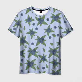 Мужская футболка 3D с принтом Ягода   голубика на листьях в Санкт-Петербурге, 100% полиэфир | прямой крой, круглый вырез горловины, длина до линии бедер | Тематика изображения на принте: 