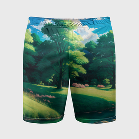 Мужские шорты спортивные с принтом Пейзаж в стиле аниме ,  |  | 