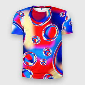 Мужская футболка 3D Slim с принтом Объемные цветные пузыри в Новосибирске, 100% полиэстер с улучшенными характеристиками | приталенный силуэт, круглая горловина, широкие плечи, сужается к линии бедра | Тематика изображения на принте: 