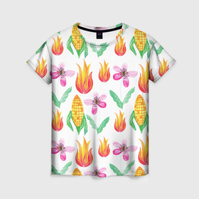 Женская футболка 3D с принтом Кукуруза и цветочки в Белгороде, 100% полиэфир ( синтетическое хлопкоподобное полотно) | прямой крой, круглый вырез горловины, длина до линии бедер | 