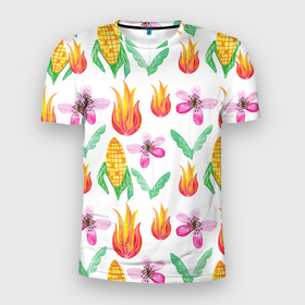 Мужская футболка 3D Slim с принтом Кукуруза и цветочки в Санкт-Петербурге, 100% полиэстер с улучшенными характеристиками | приталенный силуэт, круглая горловина, широкие плечи, сужается к линии бедра | 