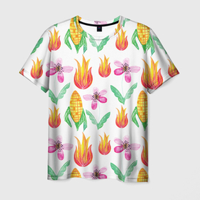 Мужская футболка 3D с принтом Кукуруза и цветочки в Санкт-Петербурге, 100% полиэфир | прямой крой, круглый вырез горловины, длина до линии бедер | 