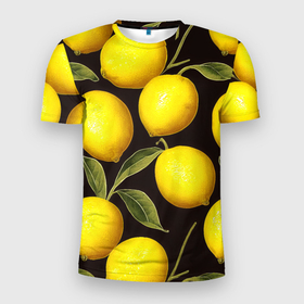 Мужская футболка 3D Slim с принтом Желтые лимоны: паттерн в Кировске, 100% полиэстер с улучшенными характеристиками | приталенный силуэт, круглая горловина, широкие плечи, сужается к линии бедра | 