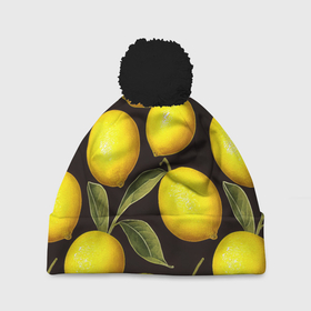 Шапка 3D c помпоном с принтом Желтые лимоны: паттерн в Петрозаводске, 100% полиэстер | универсальный размер, печать по всей поверхности изделия | 