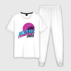 Мужская пижама хлопок с принтом Miami champions 2023 , 100% хлопок | брюки и футболка прямого кроя, без карманов, на брюках мягкая резинка на поясе и по низу штанин
 | 