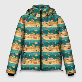 Мужская зимняя куртка 3D с принтом Пляж море и ракушки в Екатеринбурге, верх — 100% полиэстер; подкладка — 100% полиэстер; утеплитель — 100% полиэстер | длина ниже бедра, свободный силуэт Оверсайз. Есть воротник-стойка, отстегивающийся капюшон и ветрозащитная планка. 

Боковые карманы с листочкой на кнопках и внутренний карман на молнии. | 