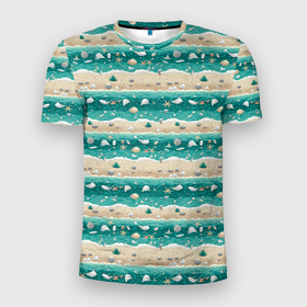 Мужская футболка 3D Slim с принтом Ракушки и море в Тюмени, 100% полиэстер с улучшенными характеристиками | приталенный силуэт, круглая горловина, широкие плечи, сужается к линии бедра | 