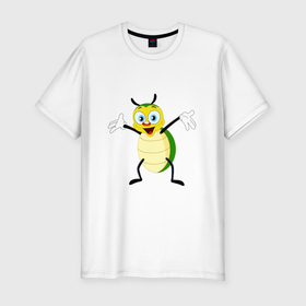 Мужская футболка хлопок Slim с принтом Радостный жук в Санкт-Петербурге, 92% хлопок, 8% лайкра | приталенный силуэт, круглый вырез ворота, длина до линии бедра, короткий рукав | 
