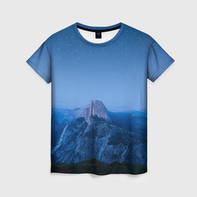 Женская футболка 3D с принтом Звёздное небо и ночные скалы в Санкт-Петербурге, 100% полиэфир ( синтетическое хлопкоподобное полотно) | прямой крой, круглый вырез горловины, длина до линии бедер | 