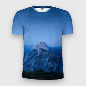 Мужская футболка 3D Slim с принтом Звёздное небо и ночные скалы в Екатеринбурге, 100% полиэстер с улучшенными характеристиками | приталенный силуэт, круглая горловина, широкие плечи, сужается к линии бедра | 