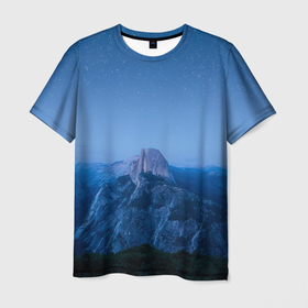 Мужская футболка 3D с принтом Звёздное небо и ночные скалы в Новосибирске, 100% полиэфир | прямой крой, круглый вырез горловины, длина до линии бедер | 