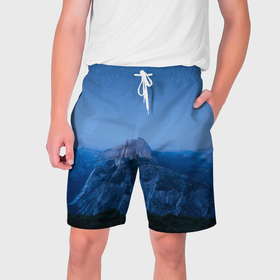 Мужские шорты 3D с принтом Звёздное небо и ночные скалы в Тюмени,  полиэстер 100% | прямой крой, два кармана без застежек по бокам. Мягкая трикотажная резинка на поясе, внутри которой широкие завязки. Длина чуть выше колен | 