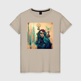 Женская футболка хлопок с принтом Картина в стиле эклектика   нейросеть в Петрозаводске, 100% хлопок | прямой крой, круглый вырез горловины, длина до линии бедер, слегка спущенное плечо | 