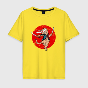 Мужская футболка хлопок Oversize с принтом Боевой кот с катанами в Тюмени, 100% хлопок | свободный крой, круглый ворот, “спинка” длиннее передней части | 