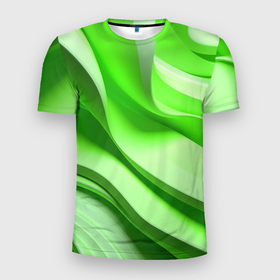 Мужская футболка 3D Slim с принтом Светлые зеленые волны в Санкт-Петербурге, 100% полиэстер с улучшенными характеристиками | приталенный силуэт, круглая горловина, широкие плечи, сужается к линии бедра | 