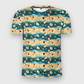 Мужская футболка 3D Slim с принтом Песок ракушки и море в Санкт-Петербурге, 100% полиэстер с улучшенными характеристиками | приталенный силуэт, круглая горловина, широкие плечи, сужается к линии бедра | Тематика изображения на принте: 