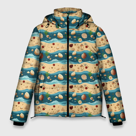Мужская зимняя куртка 3D с принтом Песок ракушки и море в Екатеринбурге, верх — 100% полиэстер; подкладка — 100% полиэстер; утеплитель — 100% полиэстер | длина ниже бедра, свободный силуэт Оверсайз. Есть воротник-стойка, отстегивающийся капюшон и ветрозащитная планка. 

Боковые карманы с листочкой на кнопках и внутренний карман на молнии. | 