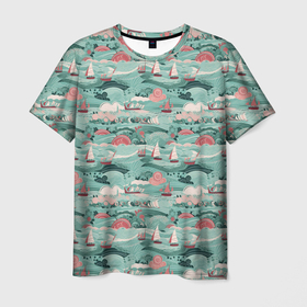 Мужская футболка 3D с принтом Парусники на волнах в Курске, 100% полиэфир | прямой крой, круглый вырез горловины, длина до линии бедер | 