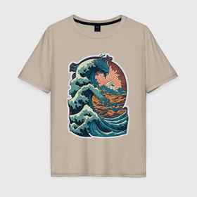 Мужская футболка хлопок Oversize с принтом Морской дракон  в стиле японского укиё э в Белгороде, 100% хлопок | свободный крой, круглый ворот, “спинка” длиннее передней части | 