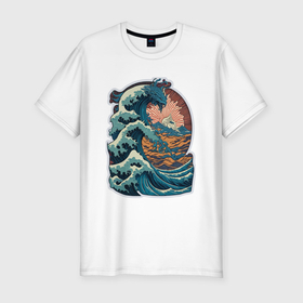 Мужская футболка хлопок Slim с принтом Морской дракон  в стиле японского укиё э в Белгороде, 92% хлопок, 8% лайкра | приталенный силуэт, круглый вырез ворота, длина до линии бедра, короткий рукав | Тематика изображения на принте: 