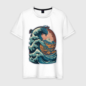 Мужская футболка хлопок с принтом Морской дракон  в стиле японского укиё э в Белгороде, 100% хлопок | прямой крой, круглый вырез горловины, длина до линии бедер, слегка спущенное плечо. | 
