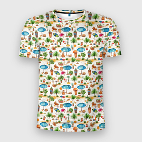 Мужская футболка 3D Slim с принтом Пляжные зонты паттерн в Петрозаводске, 100% полиэстер с улучшенными характеристиками | приталенный силуэт, круглая горловина, широкие плечи, сужается к линии бедра | 